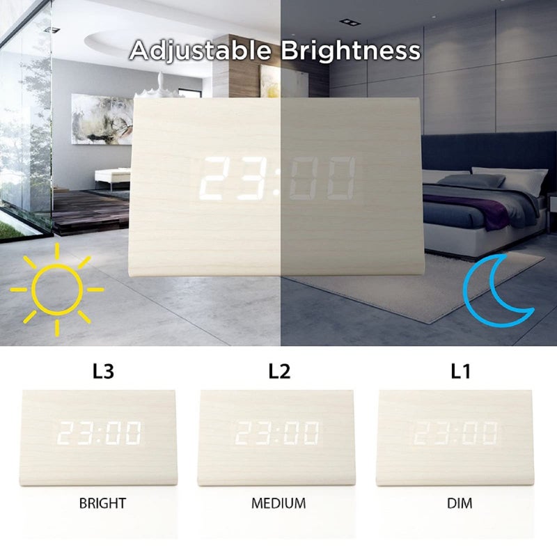 GEARONIC Digital Alarm Clock Wooden Alarm Clock Wood Modern Triangle Alarm Digital Desk Clock, Displays Time Date Temperature Calendar Wood Made Electric Clocks for Bedroom, Bedside - White - Image 5